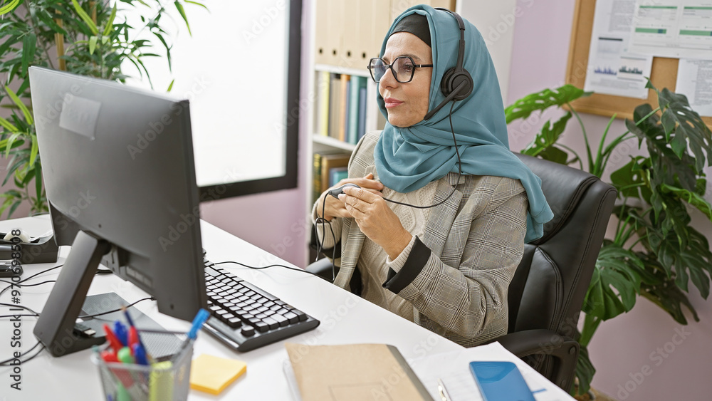 A mature woman in a hijab using headphones at her office desk while working on a computer. A mature woman in a hijab using headphones at her office desk while working on a computer.