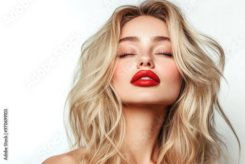 Glamorous woman with red lips posing confidently