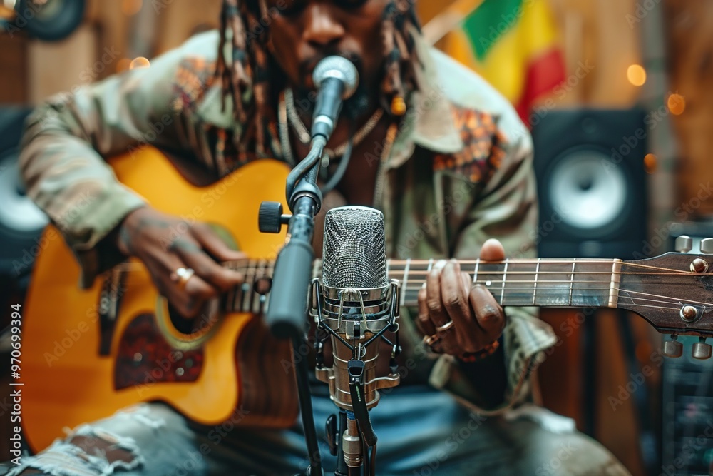 Fototapeta premium Rastafarian Jamaican man singing and playing the guitar and recording a song in a music studio. Ai generative