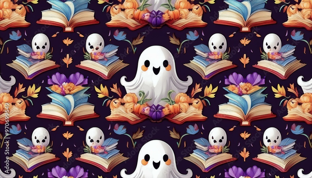 Fototapeta premium A whimsical pattern featuring cute ghosts, colorful books, and autumn elements, perfect for seasonal decor or crafting projects.