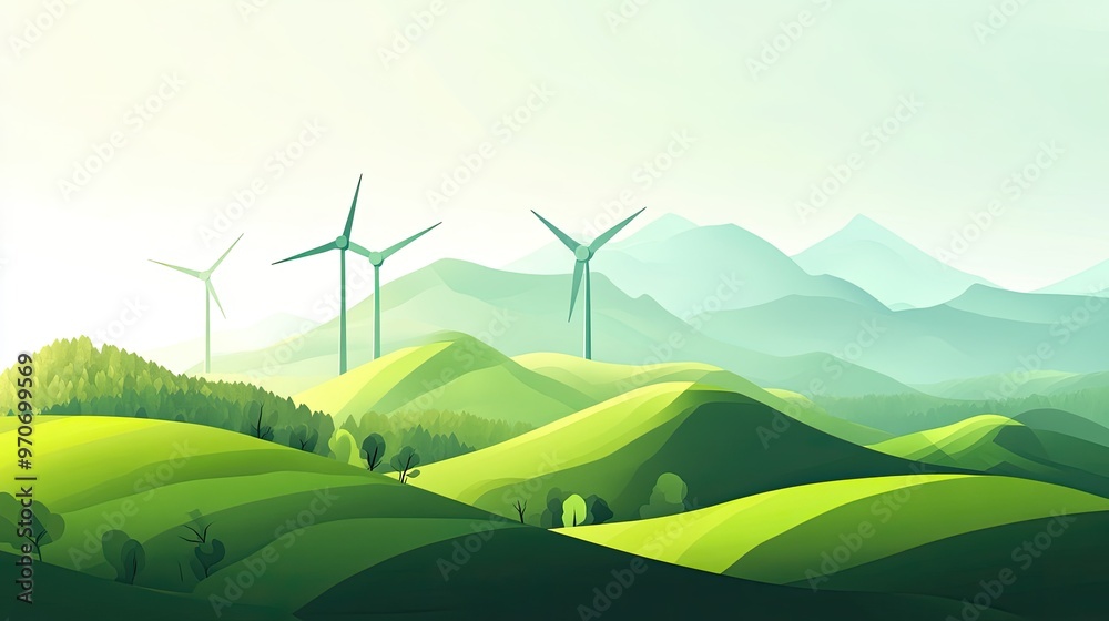 Fototapeta premium Wind turbines across a green hillside, promoting eco-friendly renewable energy practices. Copy space for text.