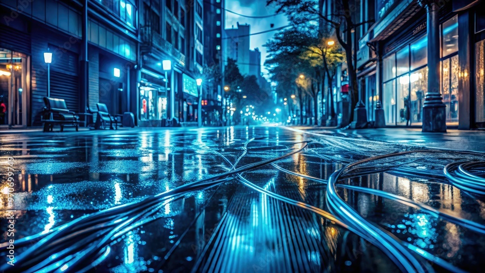 Fototapeta premium rain-soaked city street at night with 3d cables forming abstract patterns on wet pavement in a moody monochromatic blue tone