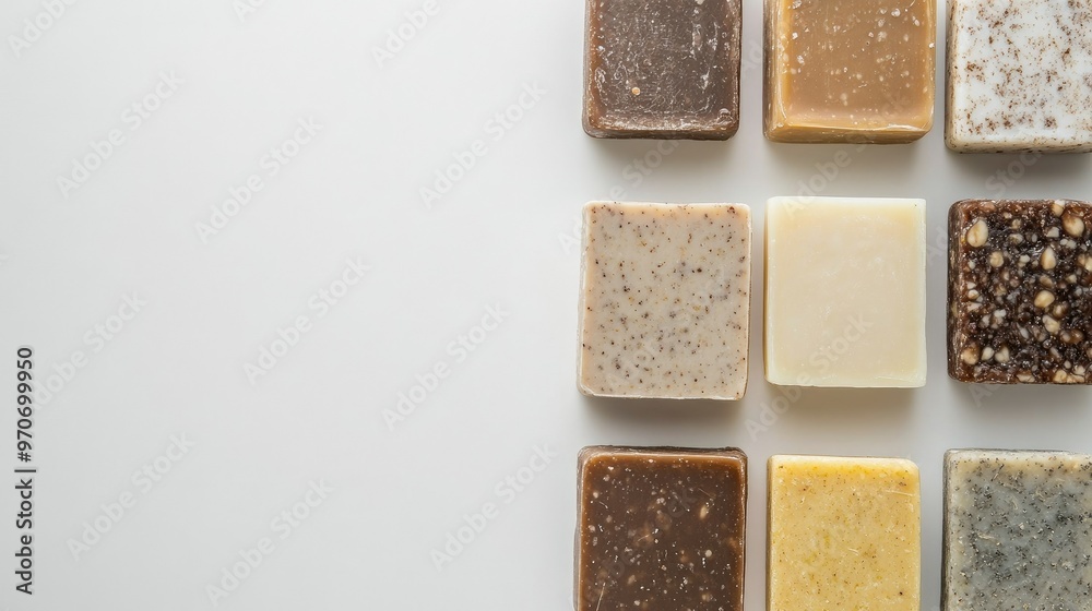 Fototapeta premium Biodegradable soap bars in eco-friendly packaging, laid out on a clean white background. Copy space available.
