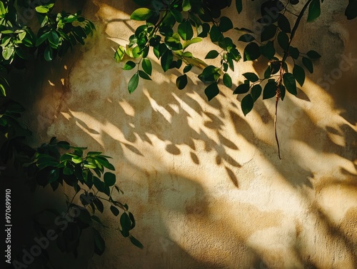 Shadows of Foliage Cast on a Textured Wall During Golden Hour photo