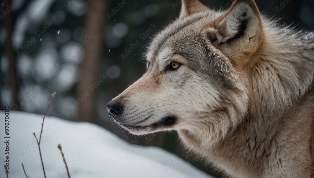 Naklejka premium A wolf is standing in the snow with its head held high