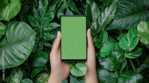 Person holding a smartphone against a backdrop of green leaves, showcasing modern technology in a natural setting.