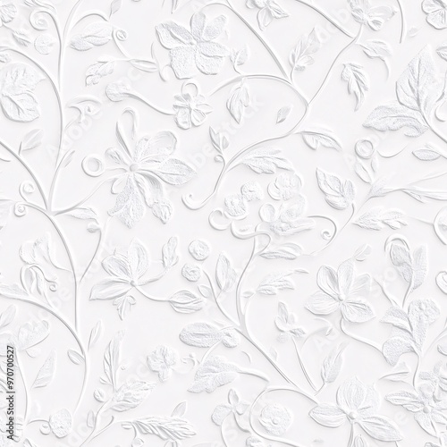 Elegant white embossed floral pattern with intricate flowers and leaves on smooth background