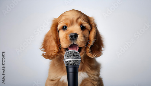 baby cocker spaniel singing into a microphone photo