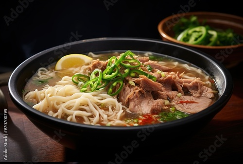 Filipino food, La Paz Batchoy, a traditional noodle soup made with pork offal, chicken stock, pork loin round noodles, and seasonings. photo