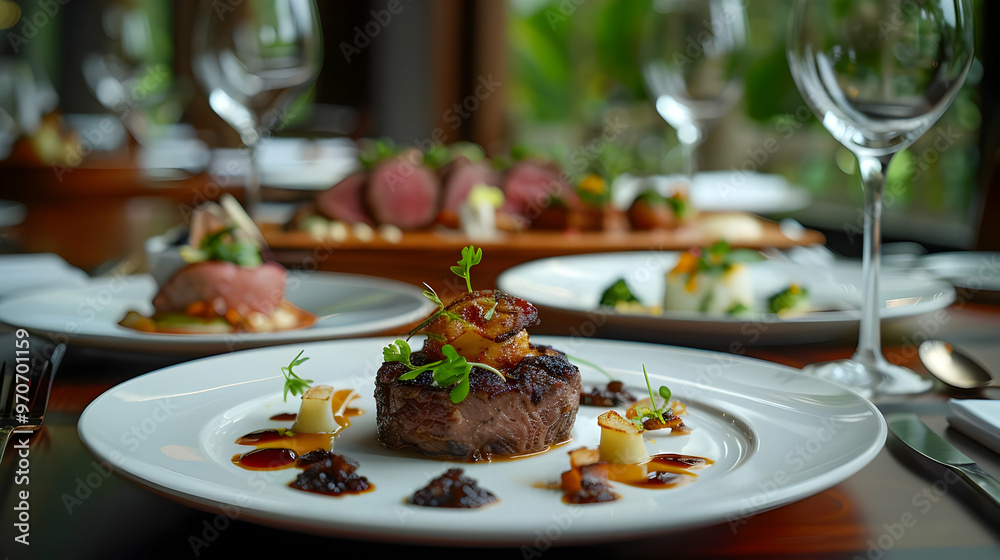 Gourmet Restaurant Photo - Exquisite Steak Dinner with Garnish on a White Plate, Wine Glasses, and Fine Dining Gourmet Restaurant Photo - Exquisite Steak Dinner with Garnish on a White Plate, Wine Glasses, and Fine Dining