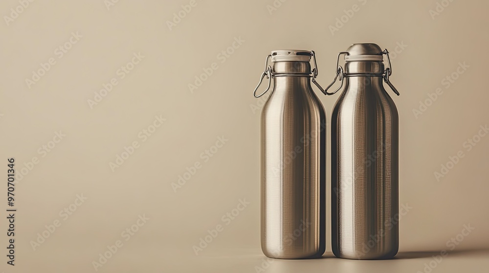 Reusable stainless steel water bottles on a neutral background, promoting eco-friendly alternatives. Copy space. Reusable stainless steel water bottles on a neutral background, promoting eco-friendly alternatives. Copy space.