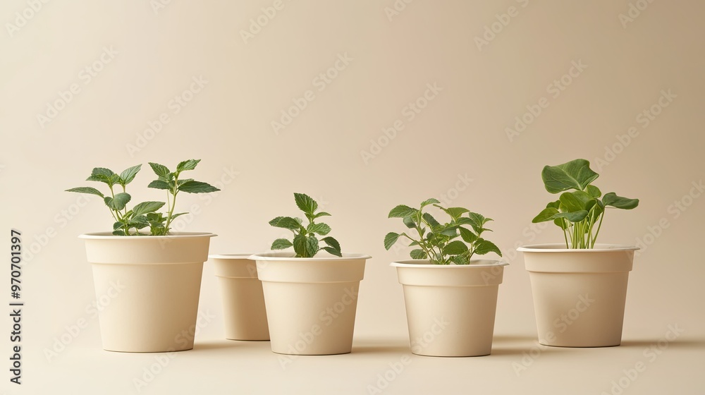 Set of biodegradable plant pots, symbolizing eco-friendly gardening practices. Ample room for text. Set of biodegradable plant pots, symbolizing eco-friendly gardening practices. Ample room for text.