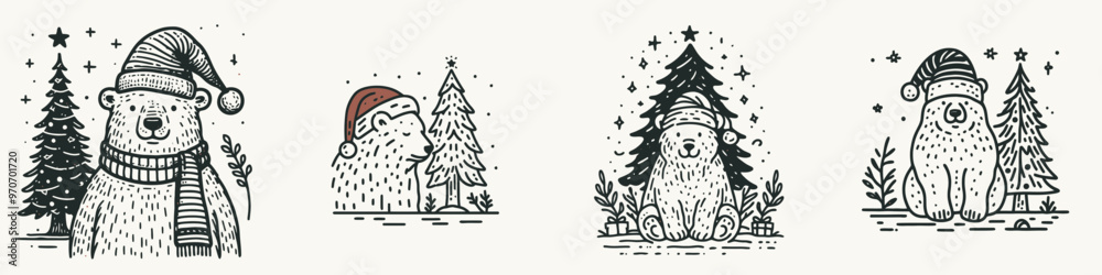 Obraz premium Charming illustrations of festive bears wearing hats, surrounded by Christmas trees, perfect for seasonal themes and decor.