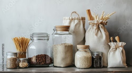 Set of glass jars and reusable fabric bags, promoting eco-friendly storage solutions. Ample room for text