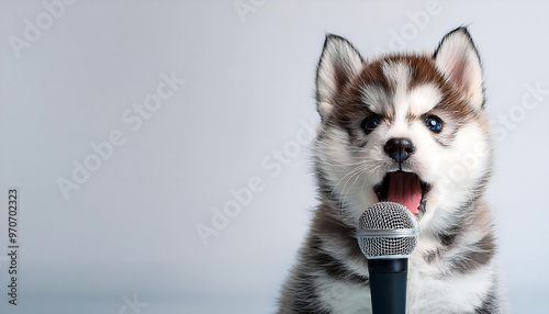 baby siberian husky singing into a microphone photo