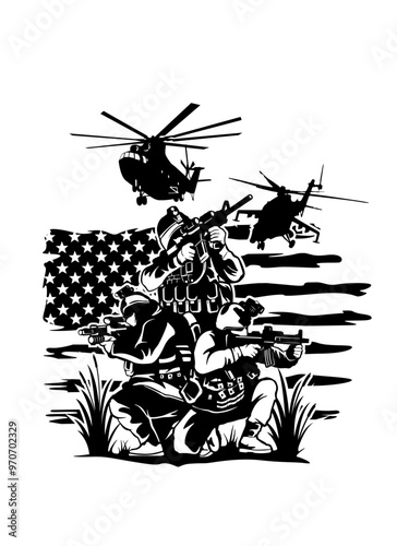 US Military Scene | US Army | Veterans | Black Hawk | Military | Soldier | US Flag | War Soldier | Original Illustration | Vector and Clipart | Cutfile and Stencil