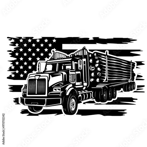 US Logging Truck | Logging Truck | US Flag | Skilled Driver | USA Vehicle | Lumber Wood | Truck Driver | Delivery Truck | Original Illustration | Vector and Clipart | Cutfile and Stencil
