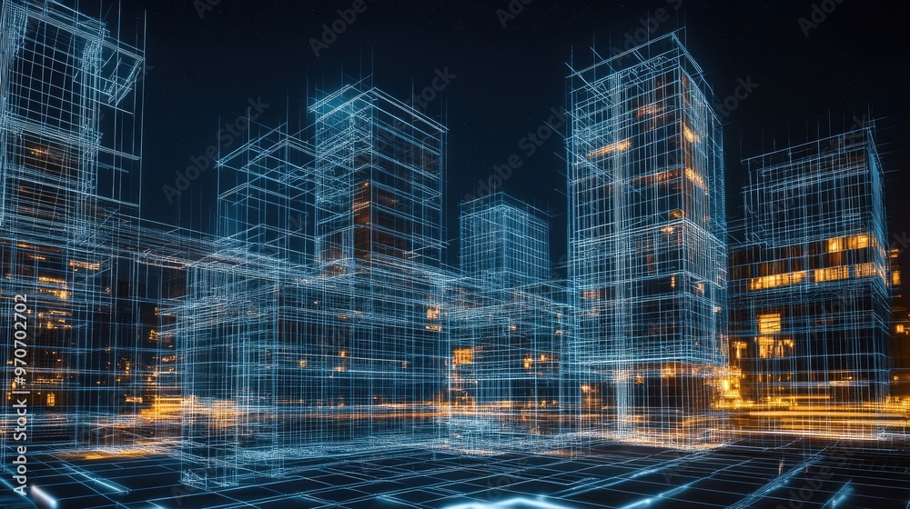 Wireframe rendering of a futuristic city skyline with glowing lines and lights. Wireframe rendering of a futuristic city skyline with glowing lines and lights.