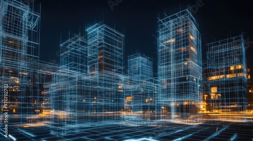 Wireframe rendering of a futuristic city skyline with glowing lines and lights.