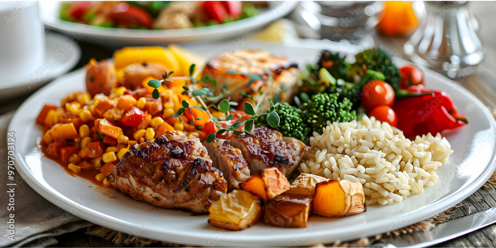 Delicious Grilled Chicken Photo - Dinner Plate with Brown Rice, Roasted Vegetables, and Greens Delicious Grilled Chicken Photo - Dinner Plate with Brown Rice, Roasted Vegetables, and Greens