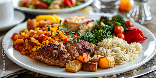 Delicious Grilled Chicken Photo - Dinner Plate with Brown Rice, Roasted Vegetables, and Greens