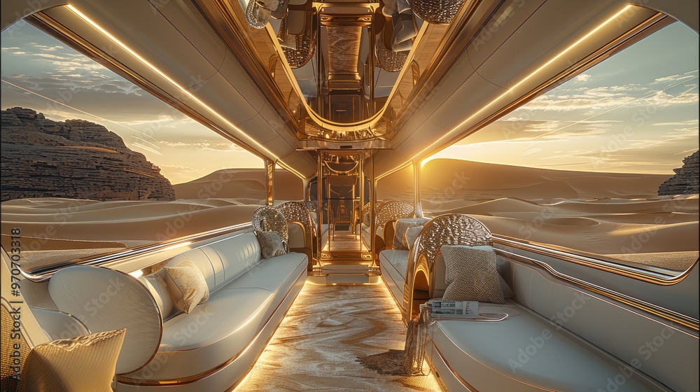 The new modern bus, a modern luxurious lounge. Driving through the desert oasis. Generative AI. The new modern bus, a modern luxurious lounge. Driving through the desert oasis. Generative AI.