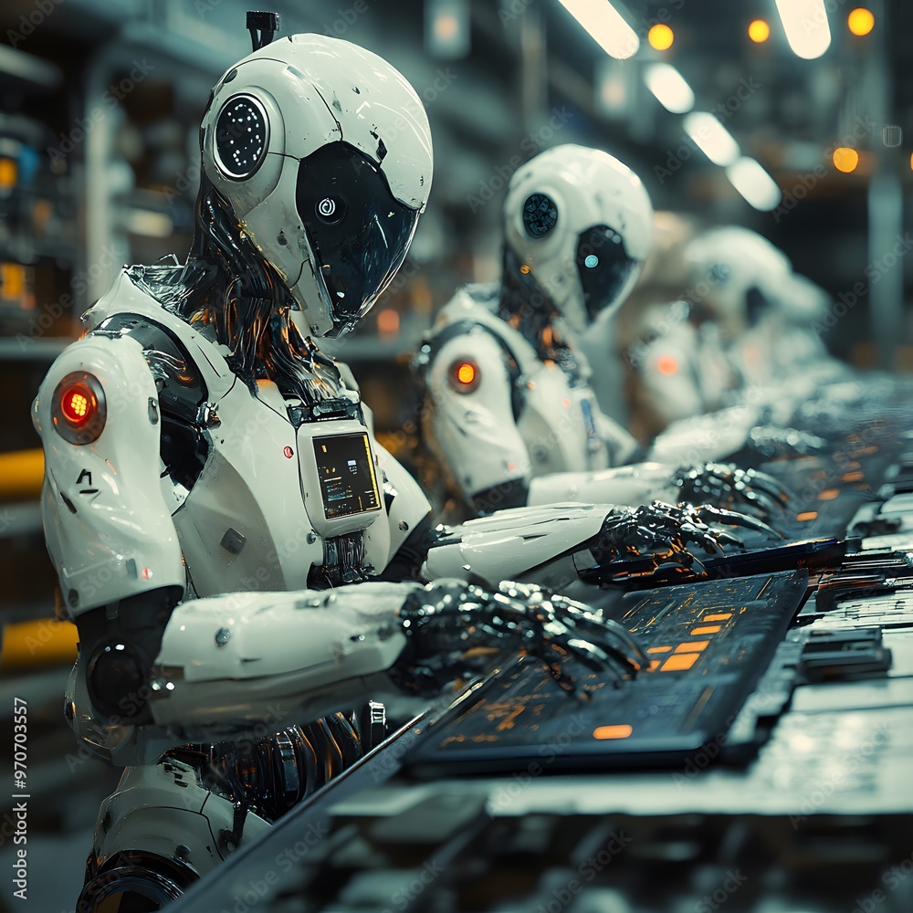 Fototapeta premium Robotics depicted as a futuristic factory where humanoid machines work in perfect harmony with AI systems.