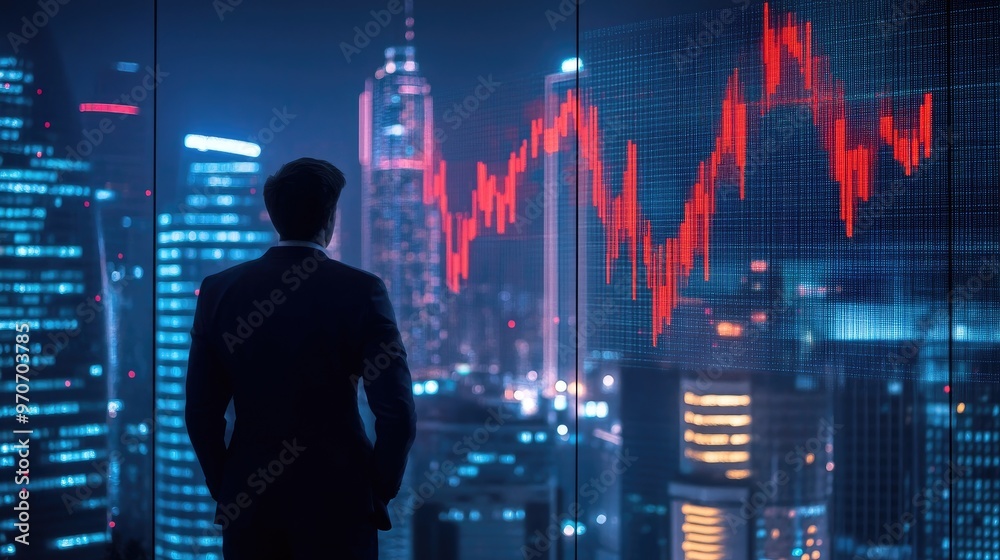 Businessman looking at a city skyline at night with a stock market graph projected on a window. Businessman looking at a city skyline at night with a stock market graph projected on a window.