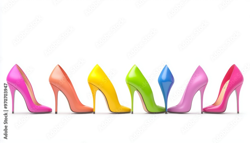 Describe how the varying shades of the shoes can represent versatility in style, and how high heels elevate both fashion and identity Describe how the varying shades of the shoes can represent versatility in style, and how high heels elevate both fashion and identity