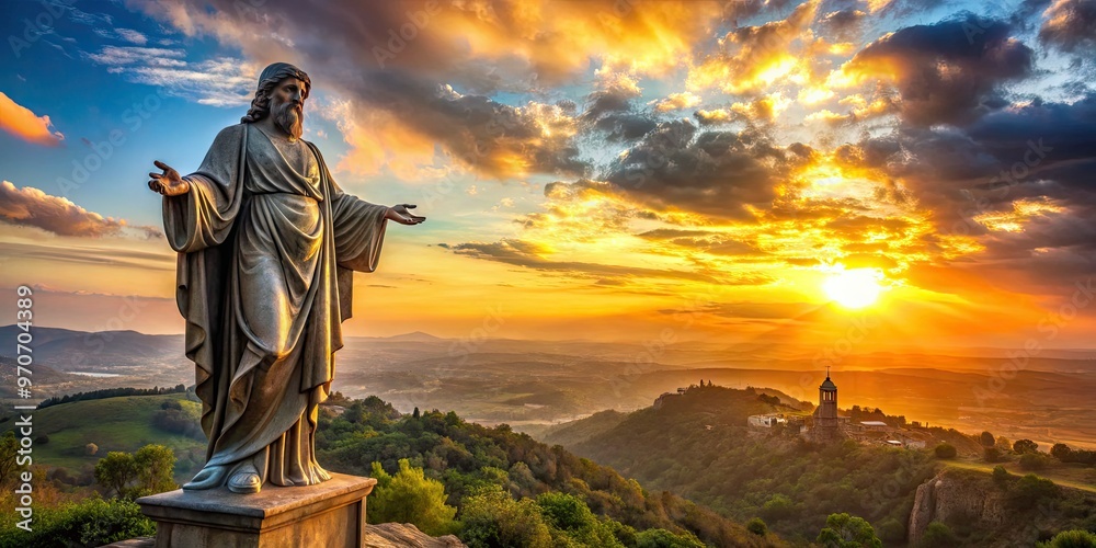 Obraz premium Majestic bronze statue dawn diffusion backlight amidst biblical landscapes