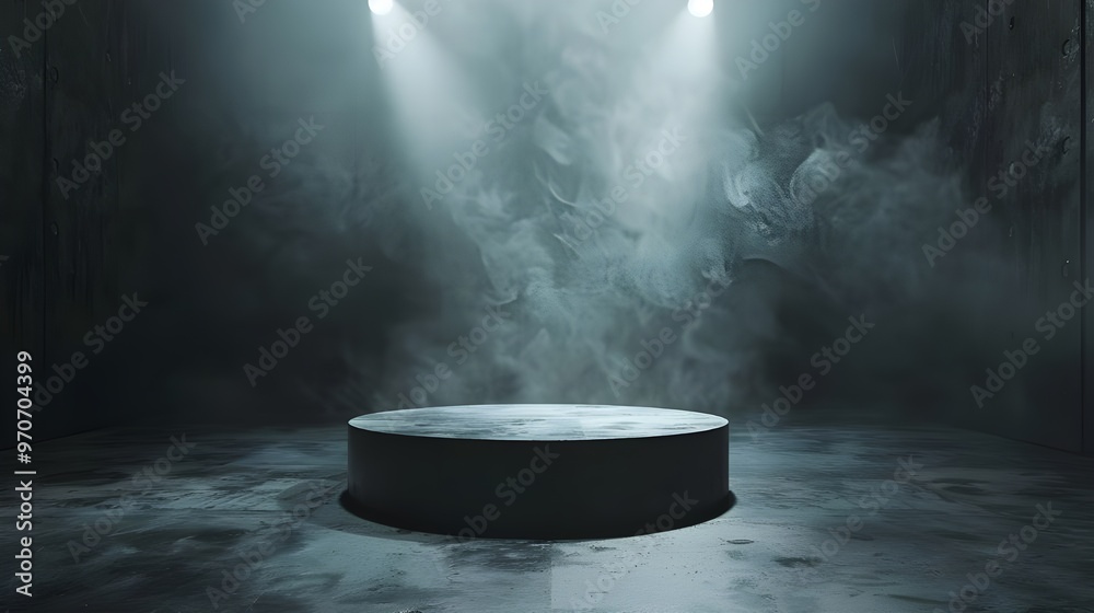 Front view dark Smokey garage interior with spotlight and round pedestal on concrete floor, product presentation background and empty stage concept. Front view dark Smokey garage interior with spotlight and round pedestal on concrete floor, product presentation background and empty stage concept.