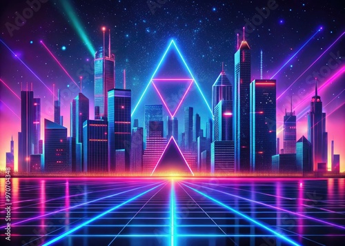 Retro Futurism Neon Glowing Cityscape Text Box neon lights skyscraper cityscape futuristic vintage nostalgia cyberpunk hot pinks electric blues geometrics
