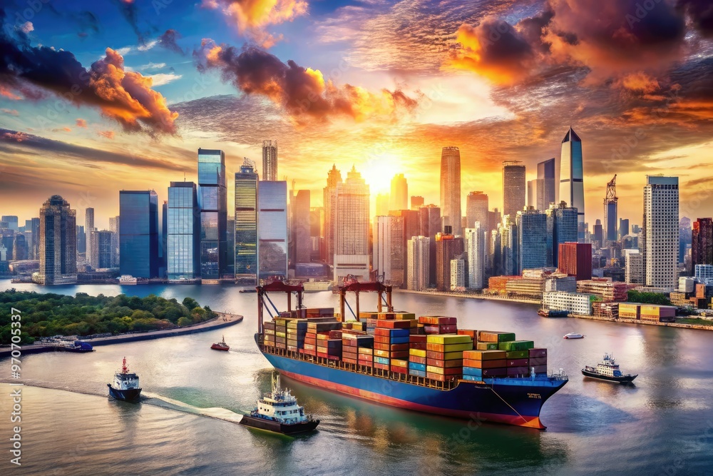 Fototapeta premium Global commerce dawn cityscape cargo ships skyscrapers
