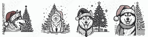 Festive dog illustrations featuring Christmas themes, decorated with trees and holiday attire for cheerful seasonal vibes.