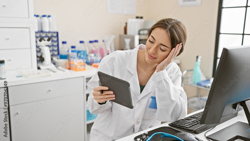 A woman scientist in a lab coat uses a tablet in a bright laboratory with equipment and a computer. A woman scientist in a lab coat uses a tablet in a bright laboratory with equipment and a computer.