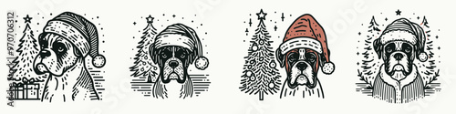 Festive dog illustrations featuring winter themes, adorned with Santa hats and surrounded by Christmas trees.