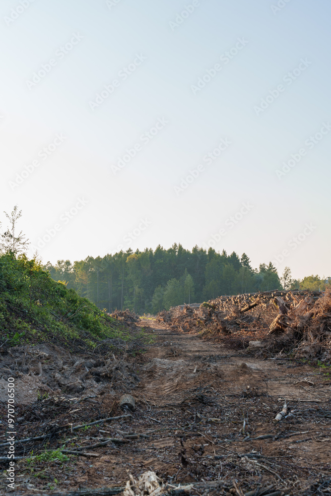 Fototapeta premium forest clearing with uprooted trees, branches, soil debris scattered across the landscape, contrasting with the remaining forest in the background, deforestation, land clearing, environmental impact