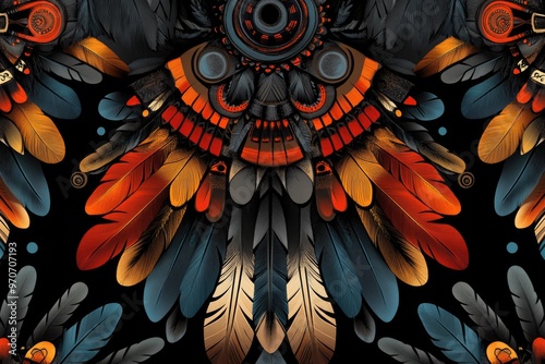 seamless vector ornament on black background  native american style photo