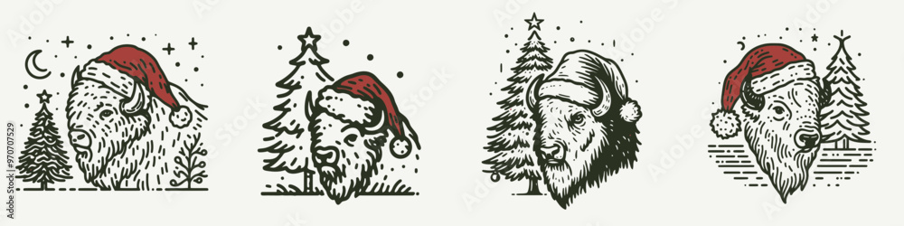 Obraz premium Festive holiday illustrations featuring a playful character with a Santa hat amidst winter scenery and Christmas trees.