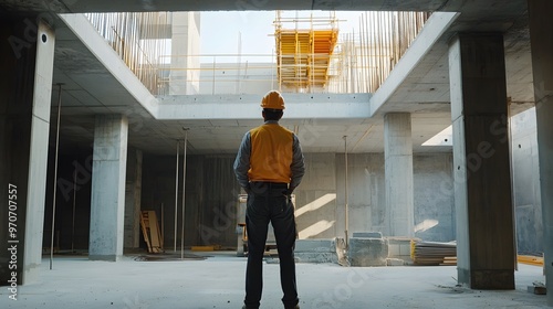 Construction Worker Standing in Unfinished Concrete Building photo