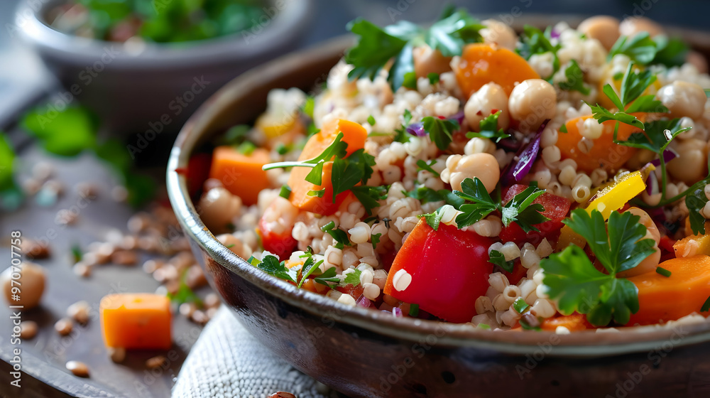 Photo of Barley Salad with Roasted Sweet Potato, Chickpeas, and Fresh Herbs Photo of Barley Salad with Roasted Sweet Potato, Chickpeas, and Fresh Herbs