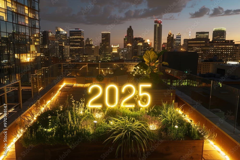 Φωτογραφία A stylish urban rooftop garden with 2025 spelled out in illuminated garden lights, set against a backdrop of city skyline and nighttime views