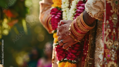 Indian bride and groom at amazing hindu wedding ceremony. Details of traditional indian wedding. Beautifully decorated hindu wedding accessories