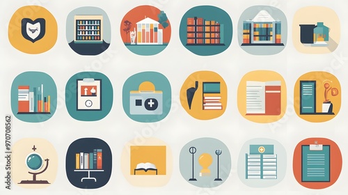 Colorful Circular Icons Depicting Library and Book-Related Concepts