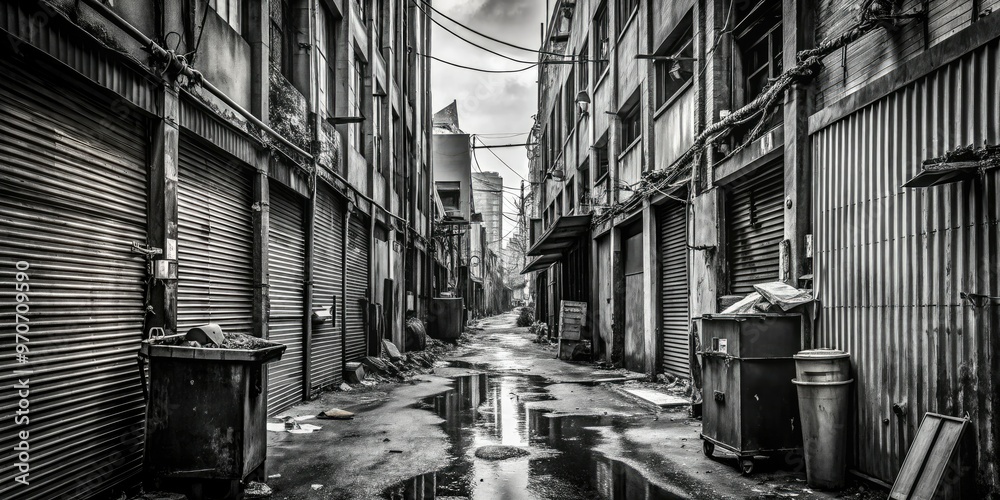 Φωτογραφία rundown industrial alleyway with corrugated metal walls, broken machinery, and t