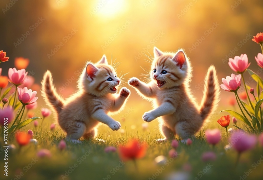 Playful kittens frolicking in a vibrant garden of blooming flowers during golden hour, creating a tender and cheerful atmosphere Playful kittens frolicking in a vibrant garden of blooming flowers during golden hour, creating a tender and cheerful atmosphere