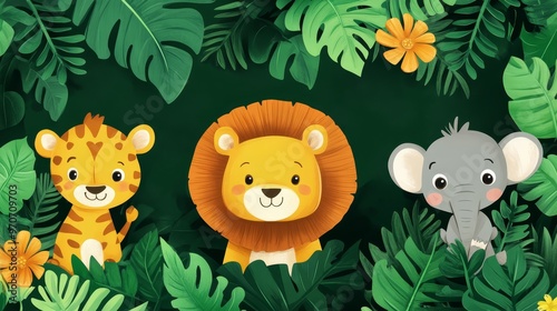 Cute Jungle Animals with Green Leaves and Yellow Flowers