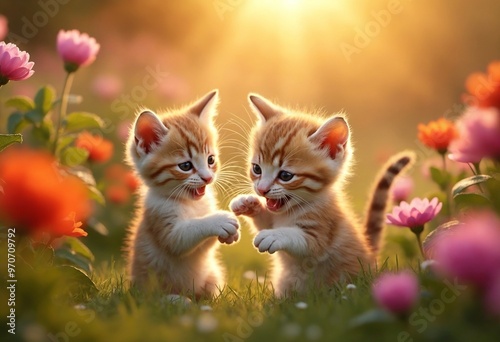 Playful kittens frolicking in a vibrant garden of blooming flowers during golden hour, creating a tender and cheerful atmosphere photo