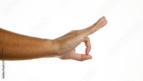 Man's hand showing an okay gesture with fingers isolated over white background, emphasizing simplicity and clarity in the image.