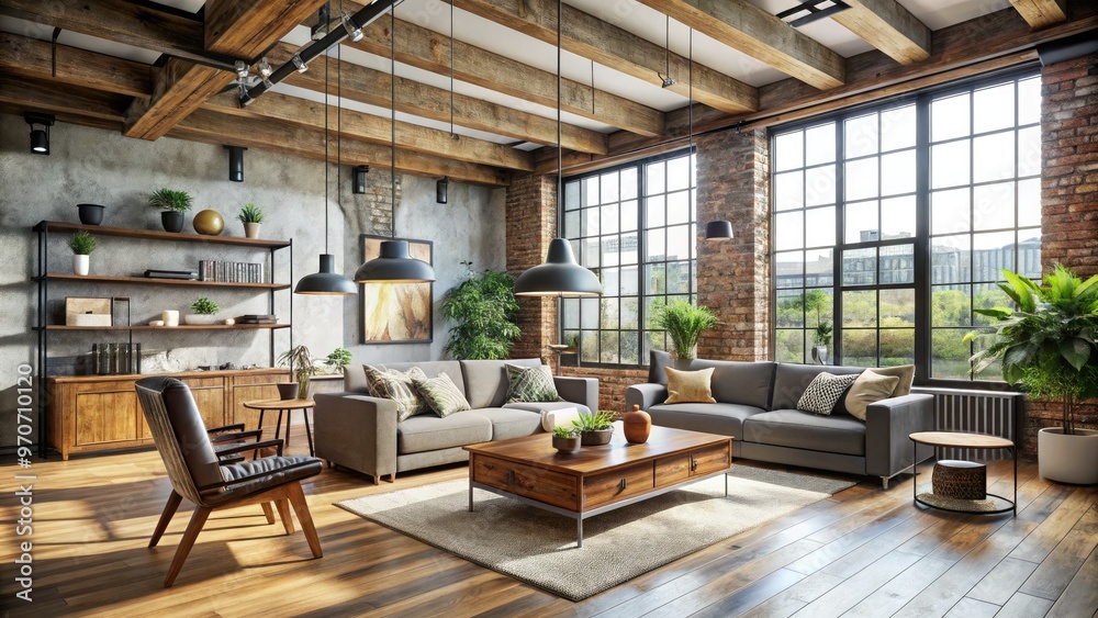 Fototapeta premium refurbished industrial loft with reclaimed metal accents, wooden beams, and natural light, airy mood, minimalist composition, earthy tones, modern chic